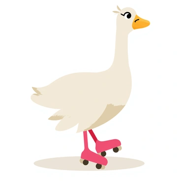 A goose with white feathers and a long neck stands on roller skates. The skates are bright red with shiny wheels. The goose has a surprised expression with wide open eyes and slightly raised eyebrows, as it wobbles to maintain its balance. Its wings are slightly outstretched for stability. The background features a smooth, light-colored surface, suggesting a skating rink.