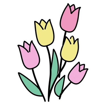 A cluster of tulips with smooth, simple lines, featuring a variety of colors including red, yellow, and pink. Each tulip has a slender green stem, and the leaves are drawn with minimalistic shapes. The arrangement of the tulips is natural, creating a sense of balance and harmony among them.