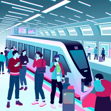 A bustling metro station in Kobe filled with passengers. There are people of various ethnicities, wearing casual and formal attire, checking their watches and looking at digital information boards. The interior features sleek, modern architecture with bright LED lights and glass panels. A sleek, futuristic train is visible on the platform, with a streamlined design and metallic finish. Some passengers are standing in line near a ticket machine, while others are engaged in conversation or scrolling through their smartphones. The atmosphere is vibrant with movement and anticipation.