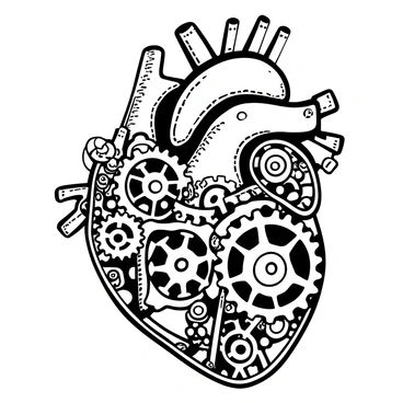 A mechanical heart composed of intricate gears and cogs, showcasing a blend of copper and brass components. Each gear interlocks with precision, creating a complex system that conveys movement. The heart has multiple valves incorporated into its design, with small pipes extending from it. Surrounding the heart, there are various steampunk elements such as rivets and metal plates, enhancing the industrial theme. The entire composition is framed to highlight the mechanics of the heart, with shadows adding depth to the structure.