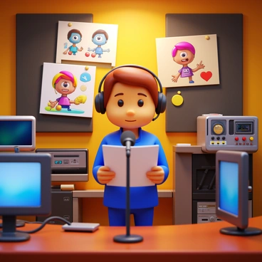 A voice actor practicing lines for a quirky animated character in a studio