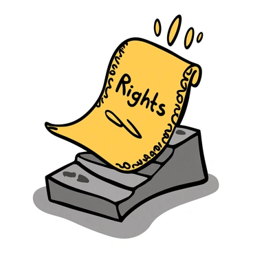 A scroll unfurling down a set of stone steps. The scroll has an intricate design along the edges, and the word "Rights" is prominently visible in bold letters on its surface. The steps are worn and textured, leading downward with a slight curve, surrounded by soft shadows. There is a hint of light illuminating the scroll, creating a contrast that emphasizes the word.