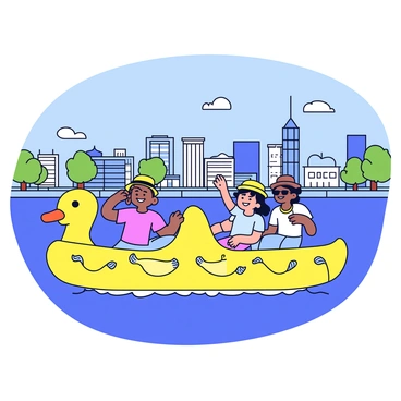 A group of tourists sitting on a colorful duck boat floating on a city river. The boat features a bright yellow color with playful designs, such as cartoon ducks and waves. Each tourist is wearing casual clothing, including sun hats and sunglasses, smiling and taking pictures. The city skyline is visible in the background, with a mix of modern buildings and historic architecture. The river reflects the vibrant colors of the boat and the clear blue sky above. There are a few scattered trees along the riverbank.
