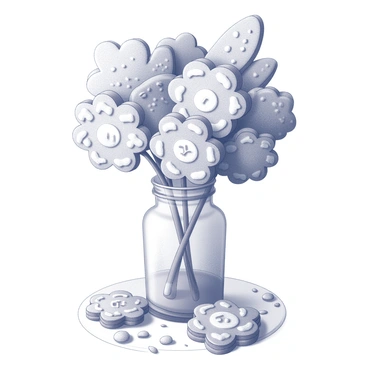 A bouquet made of cookie flowers, each cookie shaped like a different type of flower, is artistically arranged in a clear glass vase. The cookies feature intricate icing designs, resembling petals and leaves, creating a visually appealing display. The vase is placed on a wooden table surface, and the stems of the cookies are inserted into the vase to mimic a natural bouquet arrangement. Surrounding the vase, there may be scattered crumbs and a few more cookie flowers lying on the table, enhancing the composition.