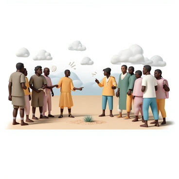Two groups of people are standing on either side of a barren landscape, each community displaying distinct clothing styles that reflect their cultural backgrounds. On the left, a group of individuals is wearing rugged, earth-toned garments, showcasing their connection to the land. They have determined expressions, some pointing towards a small patch of dry earth that once held a vital resource. On the right, the other community is dressed in brighter clothing, indicating a different cultural identity, with expressions of concern as they discuss among themselves. In the center, where the two groups meet, there are signs of disagreement, such as raised voices and gestures of frustration. The sky above is overcast, adding a sense of tension to the atmosphere.