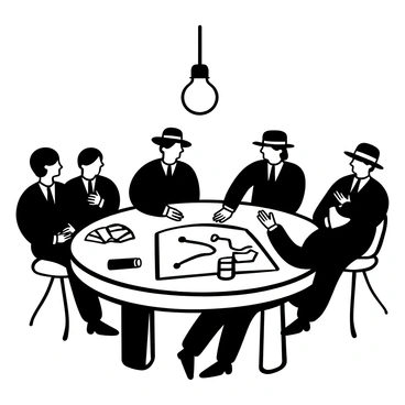 A round table set with various documents and a map spread out in front of several mafia members. Each member is dressed in dark suits, with some wearing hats, engaged in serious discussion. One member points toward the map, while others lean in, listening attentively. A dim light bulb hangs above the table, casting shadows across the scene. Various objects like a cigar and a glass of whiskey are placed on the table, adding to the atmosphere of secrecy and tension.