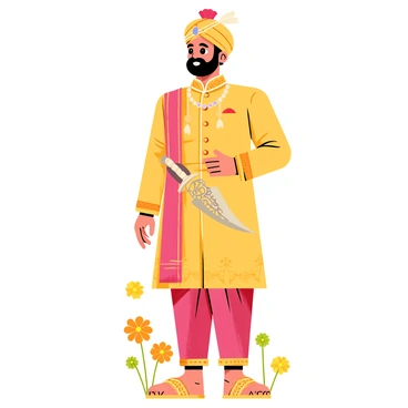 An Indian groom dressed in an ornate traditional outfit, featuring a richly embroidered sherwani in shades of gold and red. He is holding a beautifully crafted ceremonial sword with intricate designs on the hilt. The groom's hairstyle is adorned with a decorative turban, embellished with jewels and feathers. His feet are adorned with elegant mojaris, completing the traditional look. The background includes colorful marigold flowers, adding to the festive atmosphere of the ceremony.