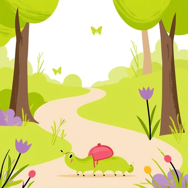 A green caterpillar with tiny legs is wearing a miniature red backpack. The caterpillar is crawling along a winding dirt trail in a vibrant forest. Tall trees with thick trunks and lush green leaves surround the trail. Colorful wildflowers in various shades of purple, yellow, and pink grow alongside the path. Sunlight filters through the leaves, casting dappled shadows on the ground. In the background, a few butterflies flutter around, adding a sense of movement to the scene.