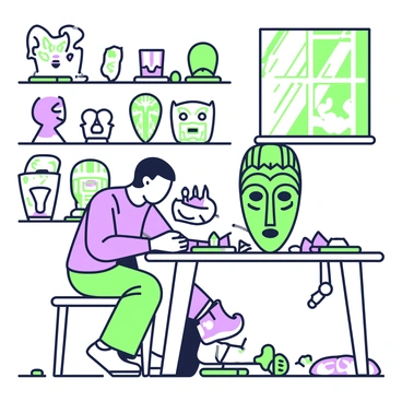 An artist is focused on carving detailed wooden masks inside a Bali workshop. The artist is seated at a sturdy workbench, surrounded by various tools such as chisels and knives. The wooden mask is partially finished, showcasing intricate designs and patterns. Shelves in the background are lined with completed masks of different shapes and sizes, each displaying unique features. Natural light filters through open windows, illuminating the workshop with a warm glow. The floor is scattered with wood shavings from the carving process, adding context to the artistic environment.