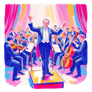 A conductor stands in front of a large orchestra, wearing a formal black suit and bowtie. His arms are raised dramatically, with one hand holding a baton as he leads the musicians. The orchestra includes a variety of instruments such as violins, cellos, and brass instruments, with musicians focused on their music sheets. The conductor's facial expression is intense and passionate, conveying immersion in the music. The setting features a wooden stage with concert lighting illuminating the scene.