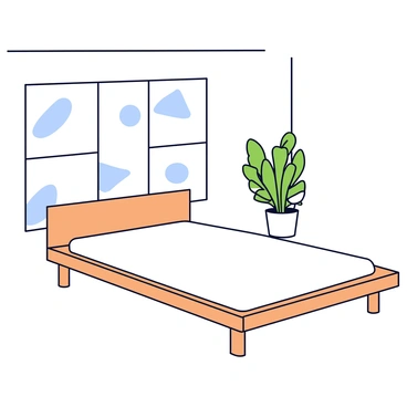 A minimalist room with a simple bed that has a plain white duvet and a wooden frame. There is a single green plant placed in the corner of the room, in a white pot. The room has large windows that allow ample natural light to fill the space, illuminating the light-colored walls and wooden floor.