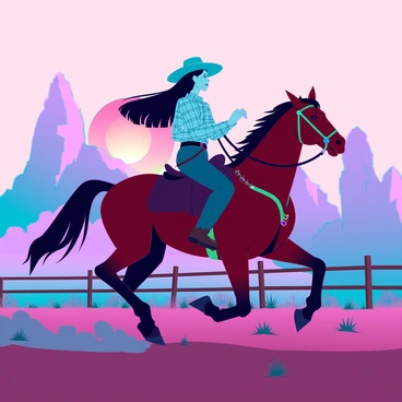 A cowgirl with long, flowing hair wearing a plaid shirt and a wide-brimmed hat is confidently riding a brown horse across a vast ranch. The horse's muscular build is visible as it gallops forward, kicking up dust from the ground. The sky is filled with vibrant hues of orange, pink, and purple as the sun sets on the horizon. In the background, tall, rugged mountains rise majestically, silhouetted against the colorful sky. The ranch is dotted with patches of green grass and a wooden fence runs alongside the path the cowgirl is traversing.