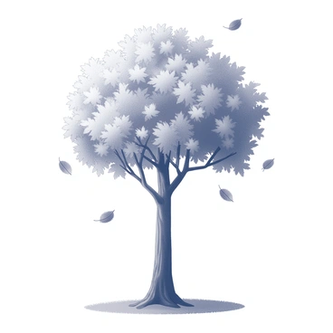 A tall tree with a wide trunk is depicted, its branches extending outwards. The tree is full of leaves in various stages of change, showcasing intricate shapes and sizes. Several leaves are shown in mid-descent, caught in the breeze, while others rest on the ground. The scene captures a sense of movement, with the leaves appearing to swirl gently as they fall. The background features a grassy surface that complements the overall composition.