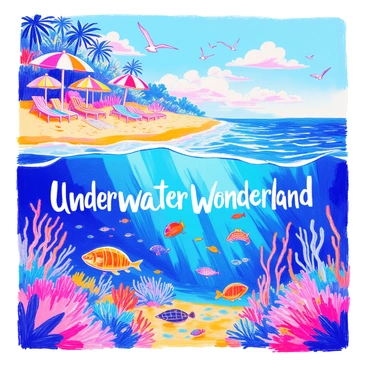 A vibrant beach scene features golden sand dotted with colorful beach umbrellas and sunbathers. The waves gently lap at the shore, and seagulls soar above the ocean. Below the surface, an underwater landscape reveals a variety of marine life. Schools of fish swim among vibrant coral reefs, with sea turtles gliding gracefully. Sunlight streams through the water, illuminating the sandy ocean floor and creating a sense of depth. "Underwater Wonderland" appears in elegant lettering amidst the aquatic surroundings.