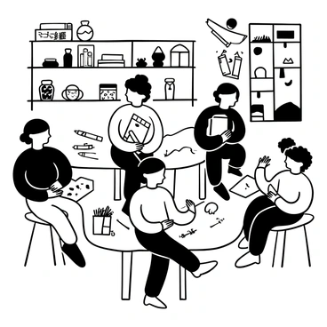 A group of children sitting at small tables, each focused on their own artwork with crayons and colored pencils scattered around. Some children are drawing pictures while others are coloring in small books. In the background, there are various art supplies organized on shelves, including stacks of paper and jars filled with markers. The atmosphere is lively, with children's drawings displayed proudly on the tables. Each child is engaged in their creative process, surrounded by an assortment of colorful art materials.