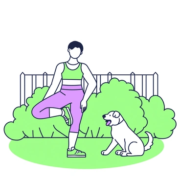 A person is standing in a backyard stretching their calves. They are wearing athletic leggings and a fitted tank top while balancing on one leg. Their other leg is bent, showing the stretch in their calf muscle. Next to them, a dog is playfully watching, sitting on the grass with its tongue out and tail wagging. The dog has fluffy fur and appears to be eager to join in on the activity. In the background, there are bushes and a wooden fence, creating a cozy outdoor atmosphere.