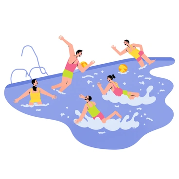 A vibrant swimming pool scene featuring players in colorful swimwear diving off the edges. Waves of water are splashing dramatically as they maneuver through the clear blue water. Some players are mid-air, poised to enter the pool with their arms stretched out, while others are swimming energetically, creating ripples behind them. The sun reflects off the water's surface, adding a sparkling effect to the scene. Excited expressions are visible on the players' faces as they engage in a lively game.