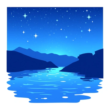 A blue night sky is filled with countless stars shining brightly. The stars create a sparkling effect on the surface of the calm waters of the Jordan River below. The river reflects the celestial display, enhancing the serene atmosphere. Gentle ripples disturb the water's surface, creating a mesmerizing pattern. The surrounding landscape is silhouetted against the luminous sky, adding depth to the scene.