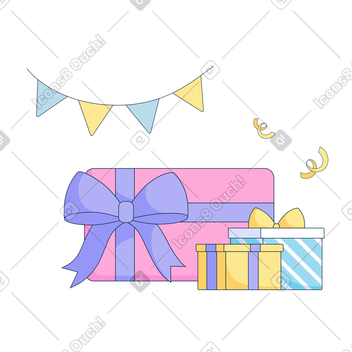 Party, flags,, geschenkgutschein, und, geschenke-Illustration im Bubble gum-Stil als Download in PNG, SVG