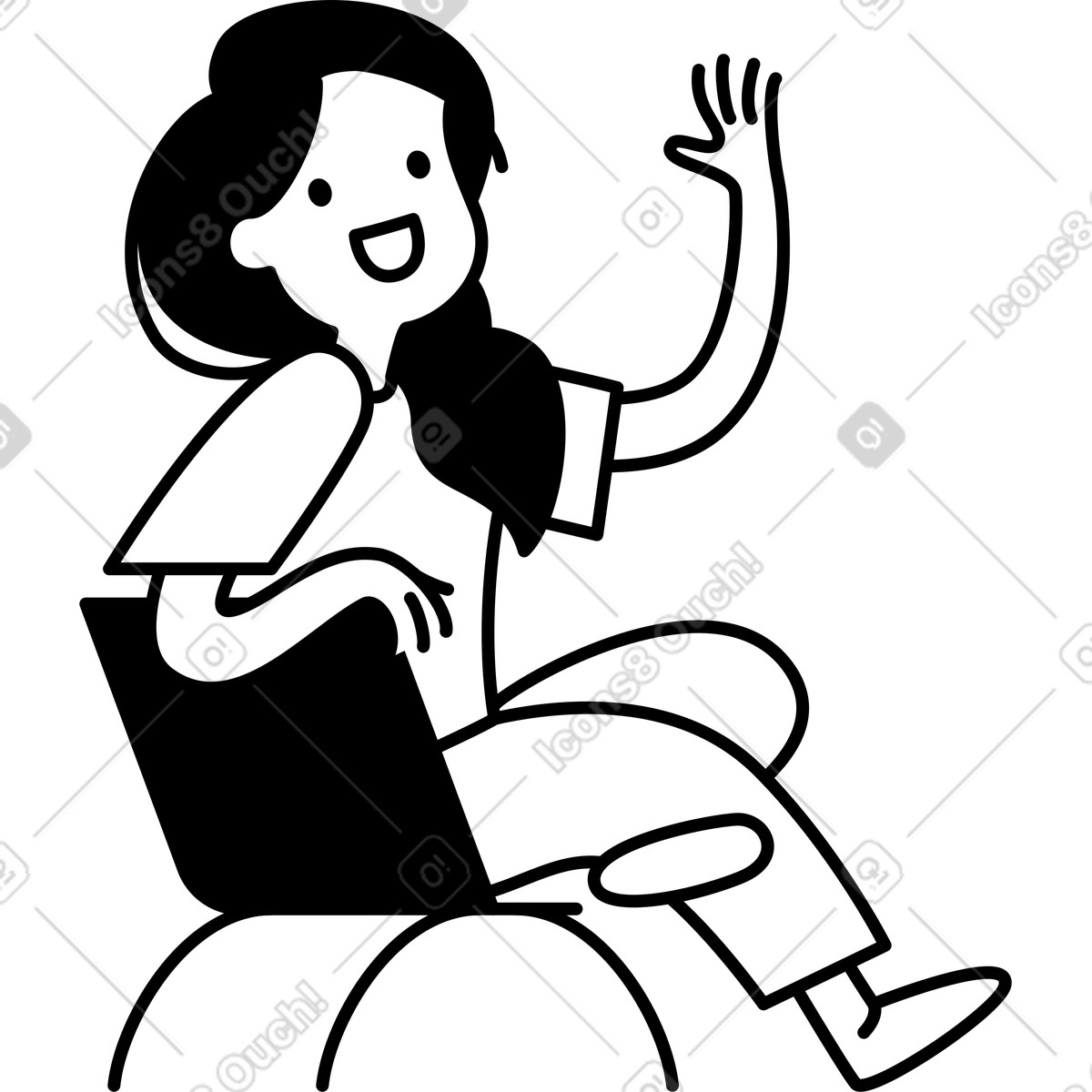 下载 Notion Line Art 风格的 Character waving hand with happy face and relaxed sitting pose 插画，支持 PNG、SVG 格式