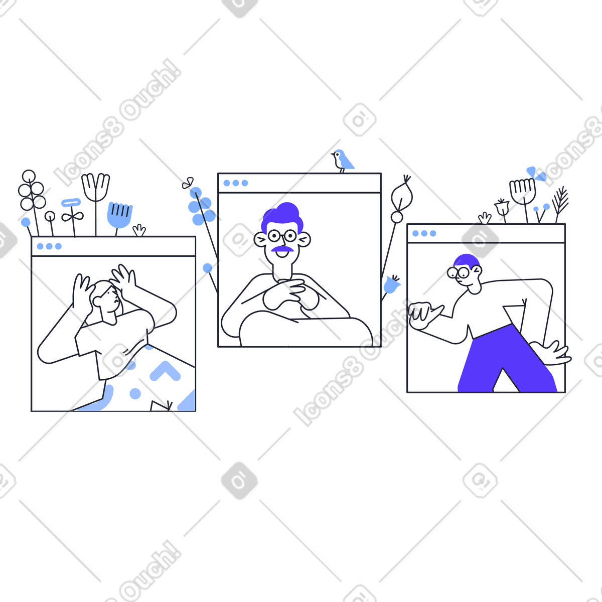 Ilustração animada de Colleagues in online meeting, Virtual collaboration and teamwork em no estilo Pablita para baixar em GIF, Lottie (JSON), AE
