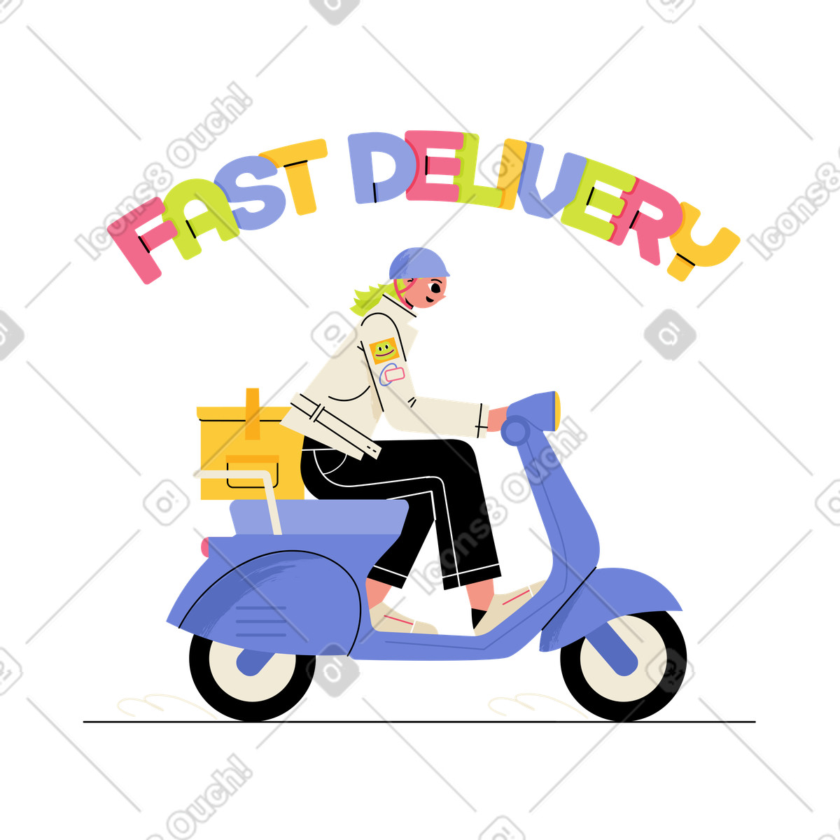 Schriftzug free delivery mit mädchen, das eine bestellung ausliefert-Illustration im Juicy-Stil als Download in PNG, SVG