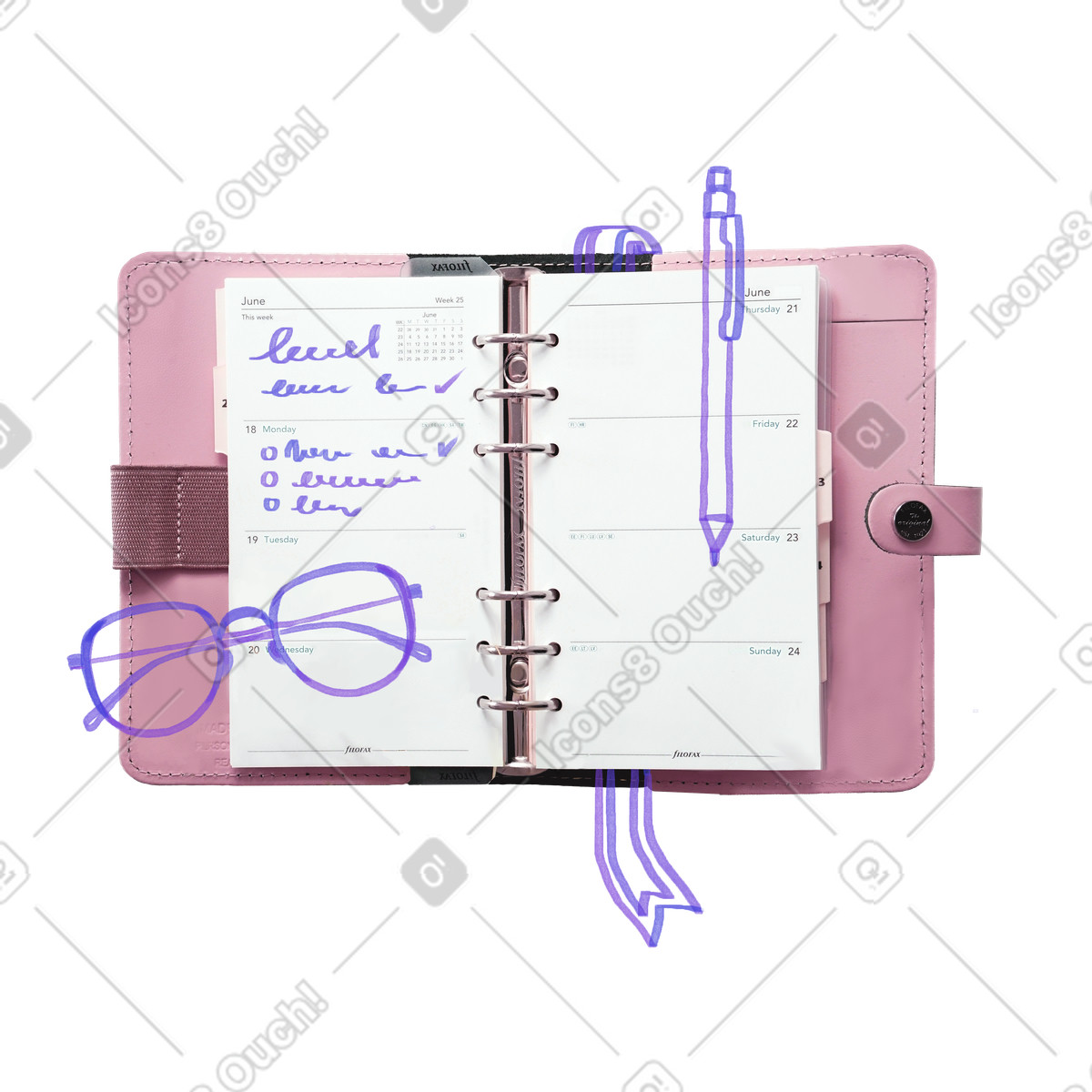 Ilustración Cuaderno planificador, gafas y bolígrafo. en estilo Marker a descargar en PNG SVG