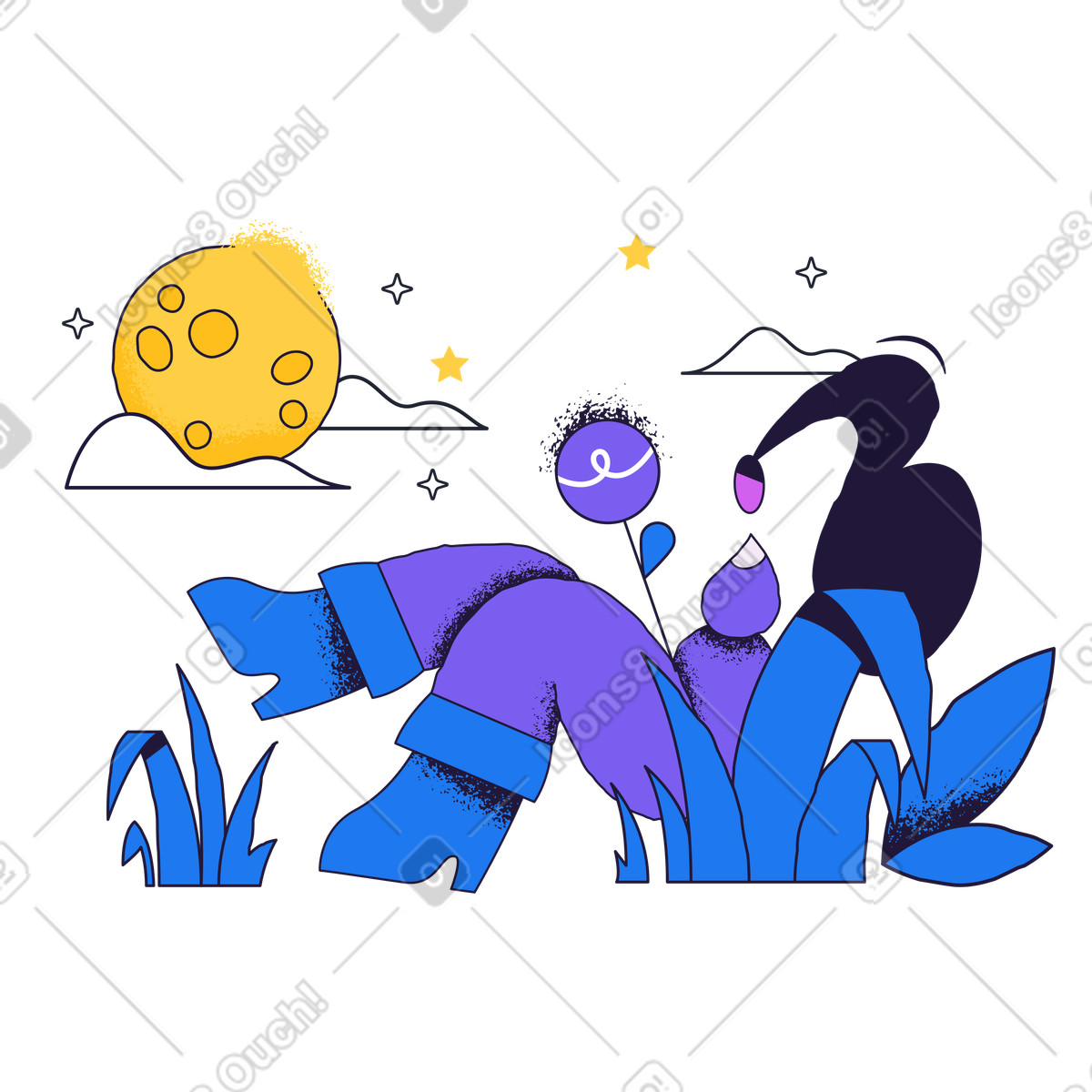 Ilustración Mujer mirando la luna y las estrellas. en estilo Conifer a descargar en PNG SVG