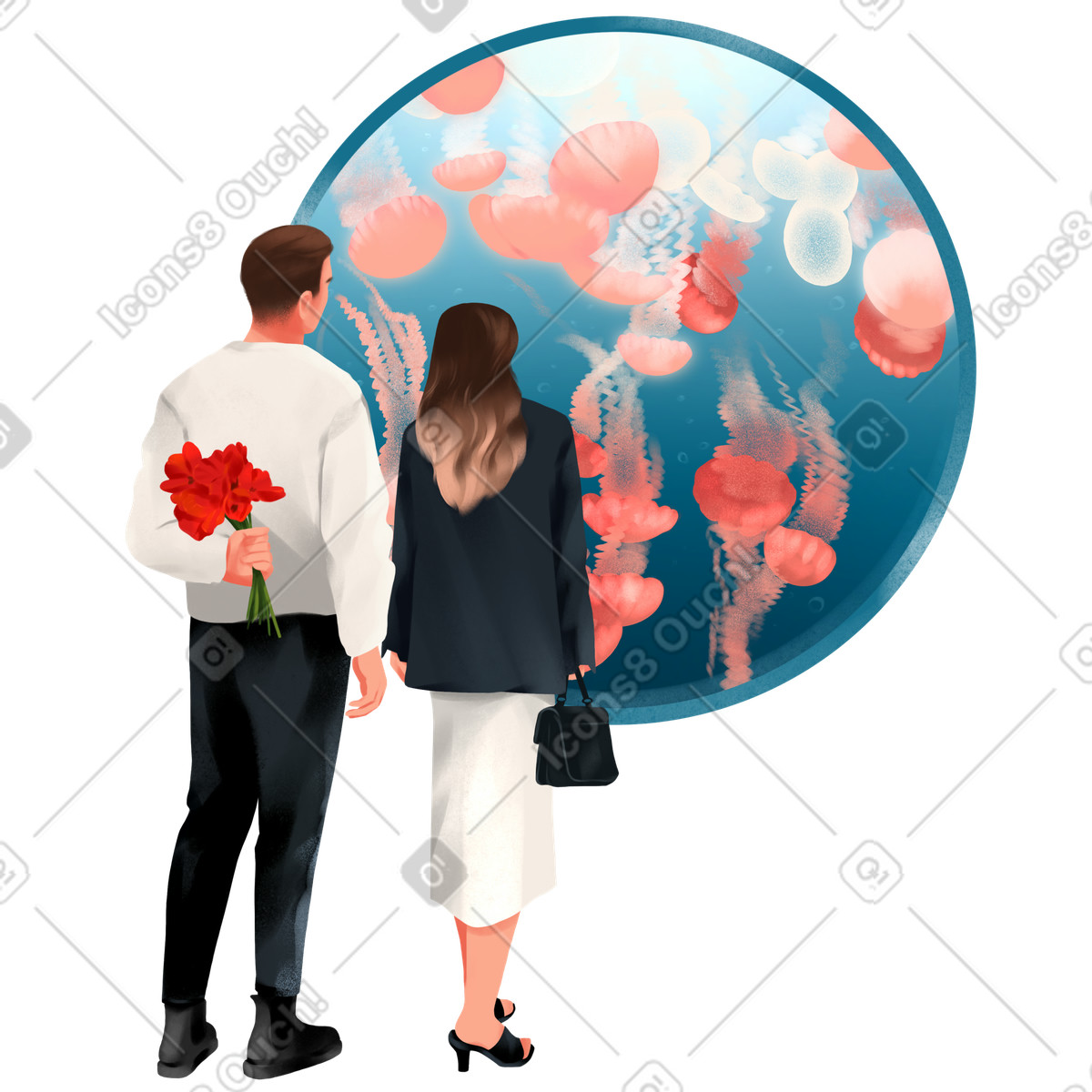 Woman and man on a date at the aquarium illustration in Demure style download in PNG, SVG