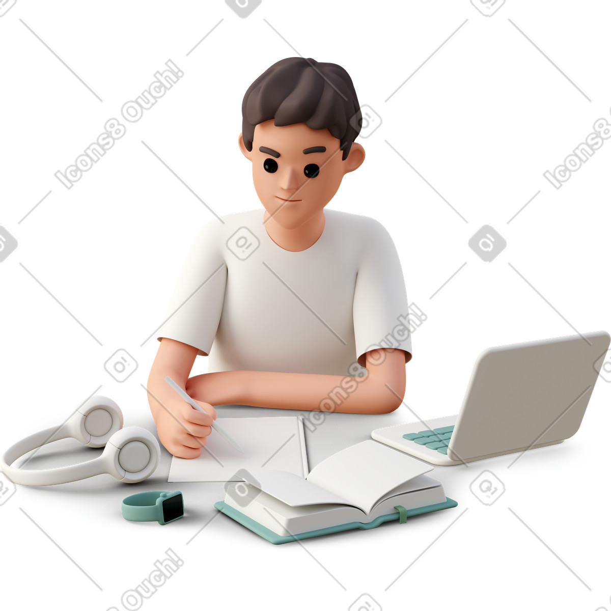 Young man surrounded by gadgets writing notes-Illustration im 3D Casual life-Stil als Download in PNG, SVG
