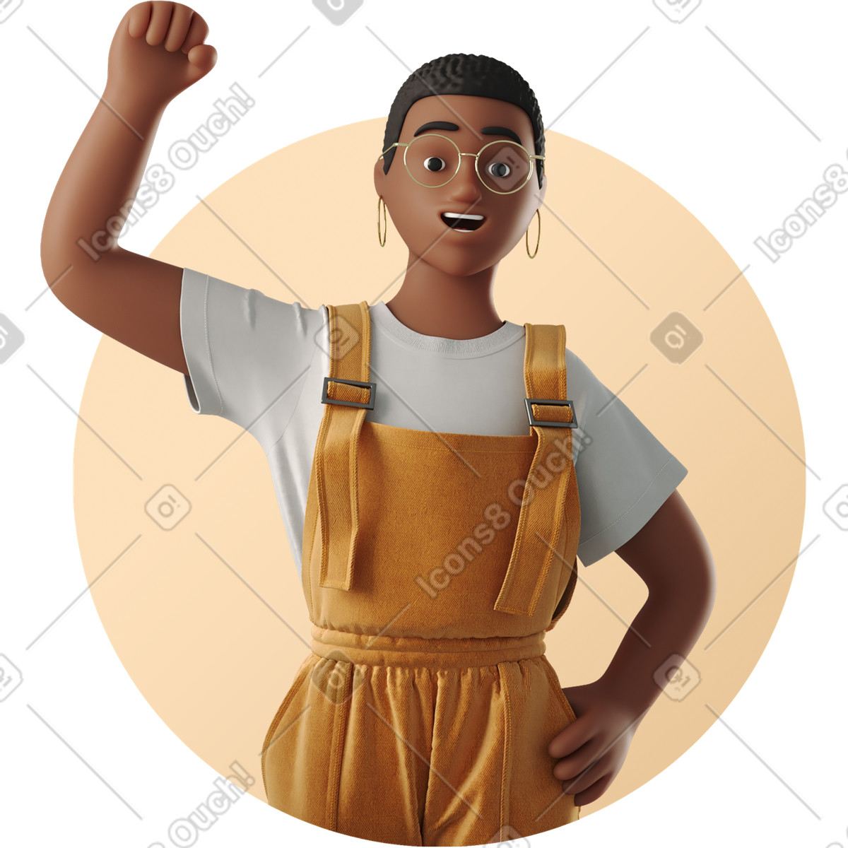 Joyful woman raising her fist up illustration in 3D Business style download in PNG, SVG