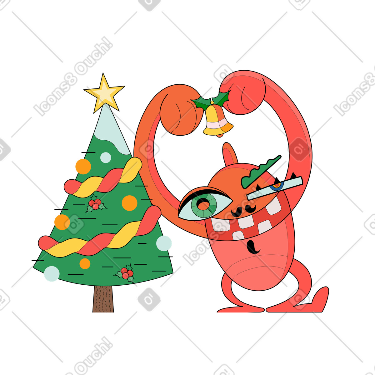 Decorating Сhristmas tree with jingle bell illustration in Surr style download in PNG, SVG