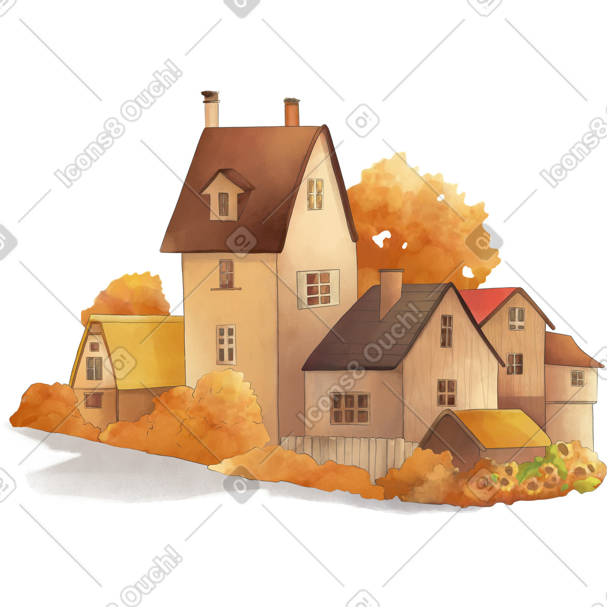 Autumn landscape with houses illustration in Seasons style download in PNG, SVG