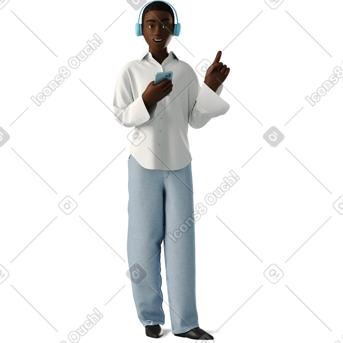 Smiling young woman with headphones and telephone illustrazione in stile 3D Business scarica in PNG, SVG