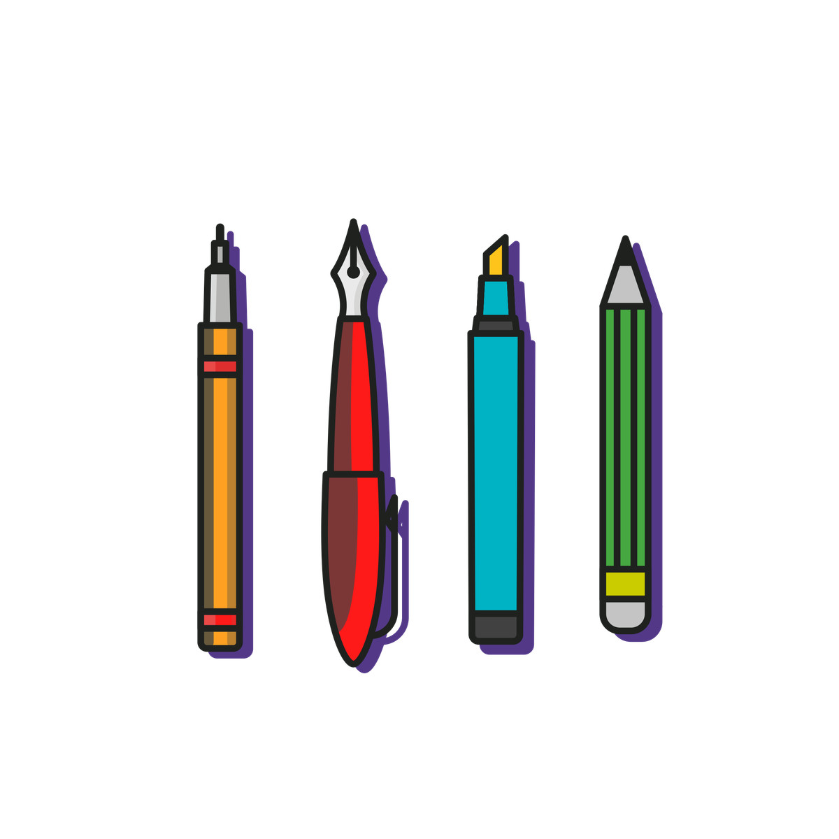 Schreibwerkzeuge-Illustration im Gummy-Stil als Download in PNG, SVG