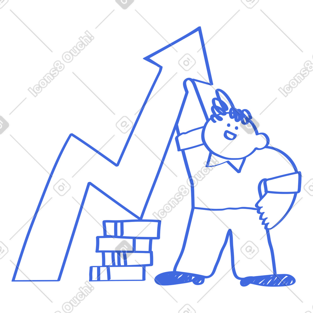 Ballpoint Pen スタイルの Arrow upward growth chart and confident business character with money のイラストをPNG、SVG形式でダウンロード