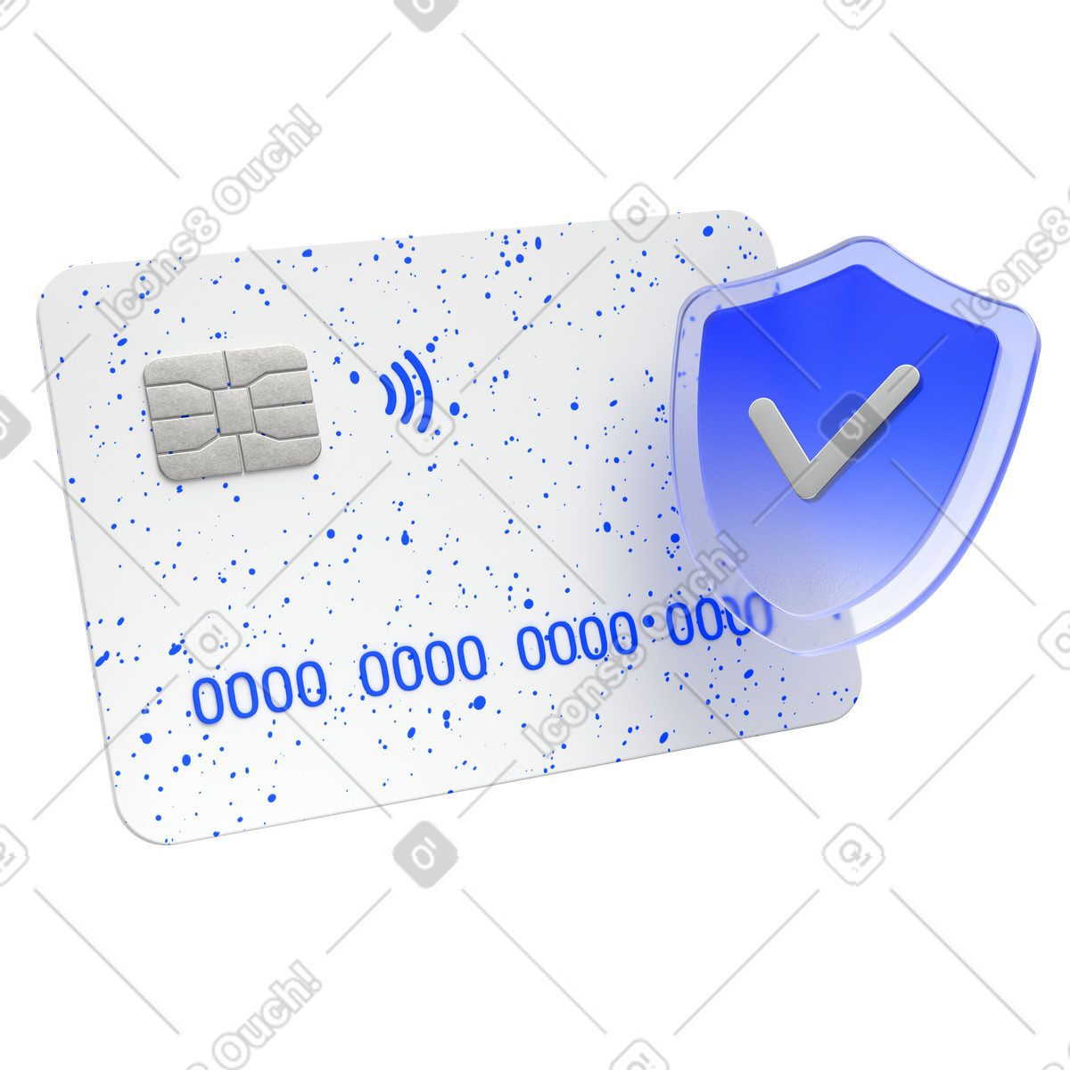 3D contactless card with shield and checkmark, banking security payment approval illustration in Enterprise style download in PNG, SVG
