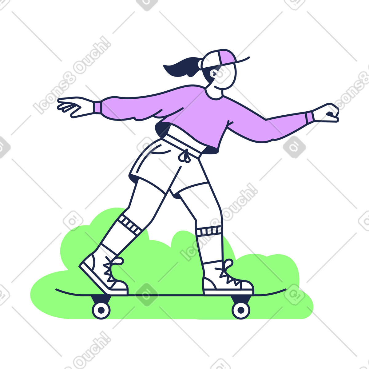 Sporty woman riding a skateboard illustrazione animata in stile Outline scaricabile in GIF, Lottie (JSON), AE