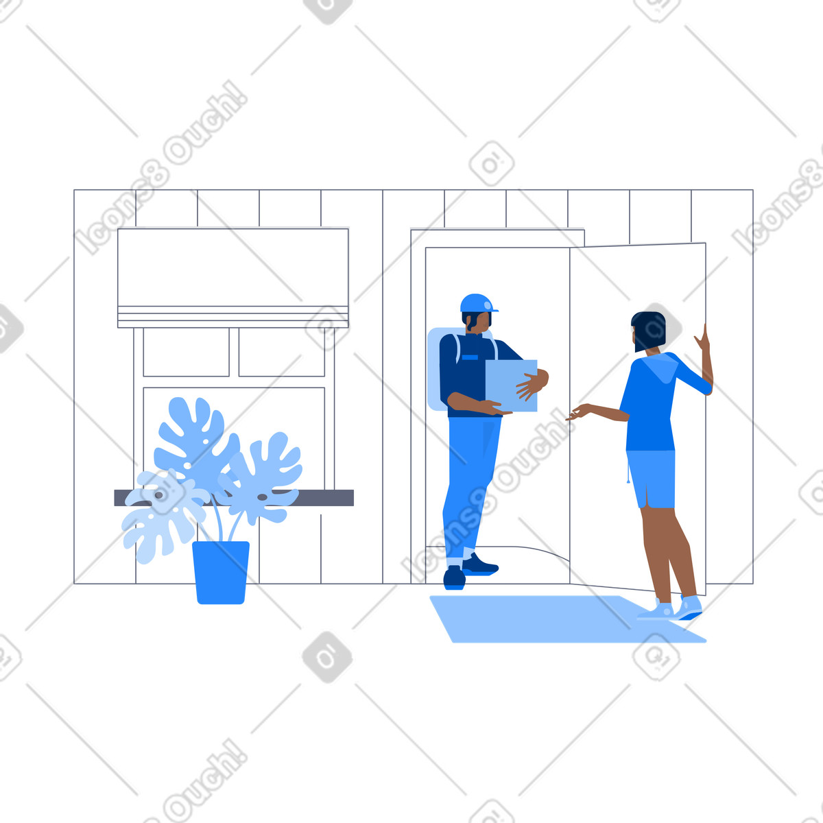 Deliveryman bringing a parcel to receiver illustration in Urban style download in PNG, SVG