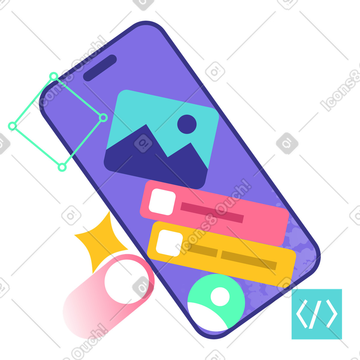 Mobile App Development Interface, UI Design and Prototyping for Mobile Applications illustration in PNG, SVG