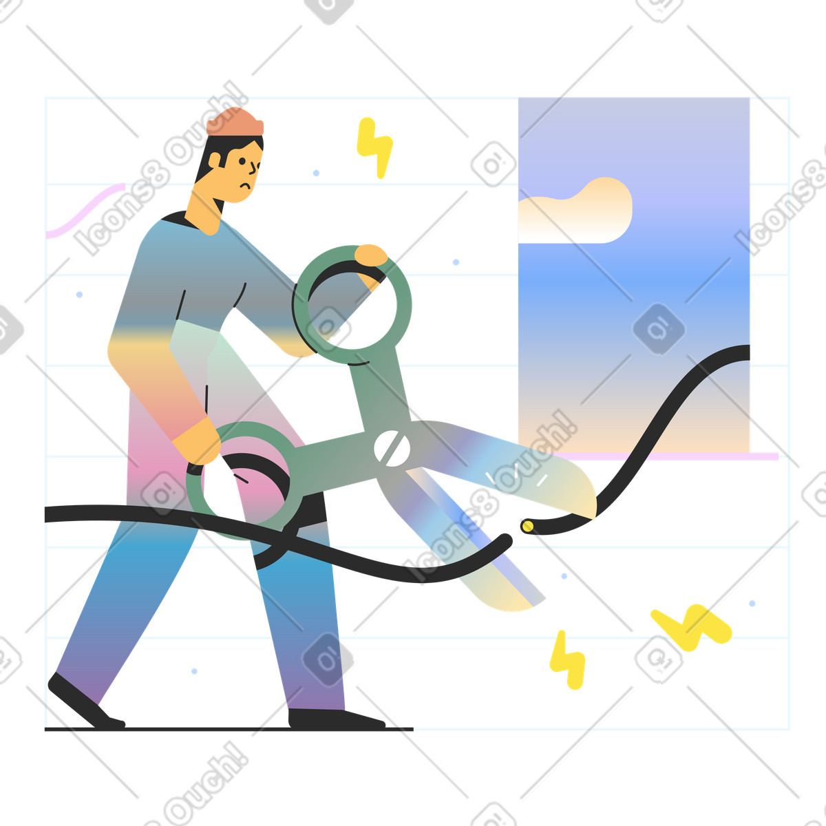 Cutting cable with scissors, Network failure or no connection illustration in Marginalia style download in PNG, SVG
