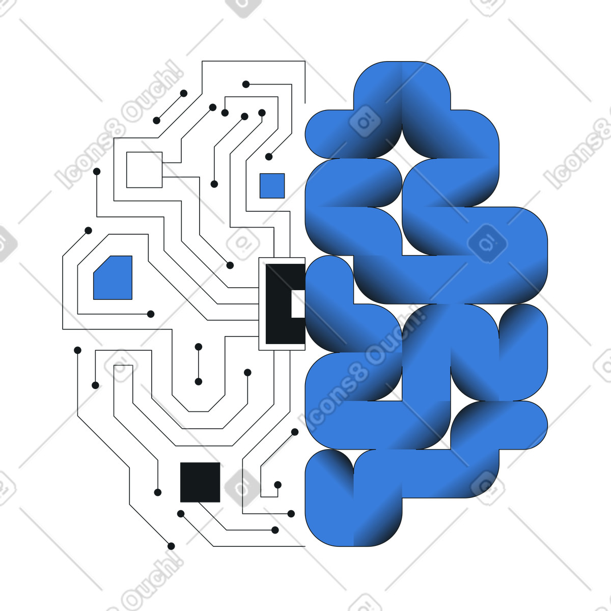 Illustration Moitiés numériques et organiques du cerveau, intelligence artificielle neurosciences, innovation en santé numérique dans le style Midnight à télécharger aux formats PNG, SVG