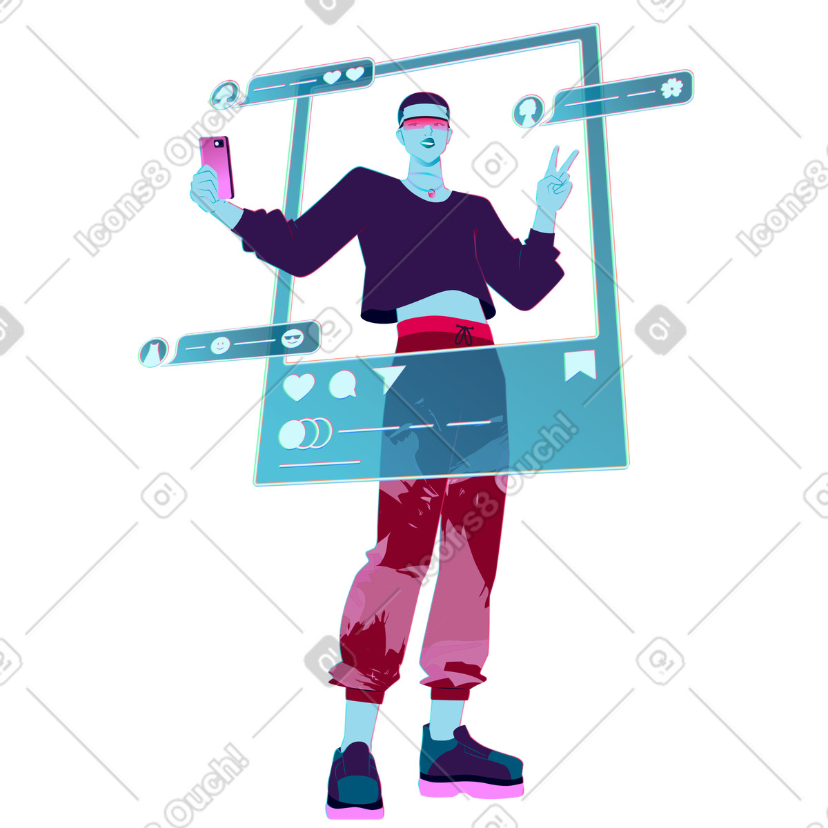 Taking selfie with digital overlay, Online engagement and personal branding-Illustration im Neon-Stil als Download in PNG, SVG