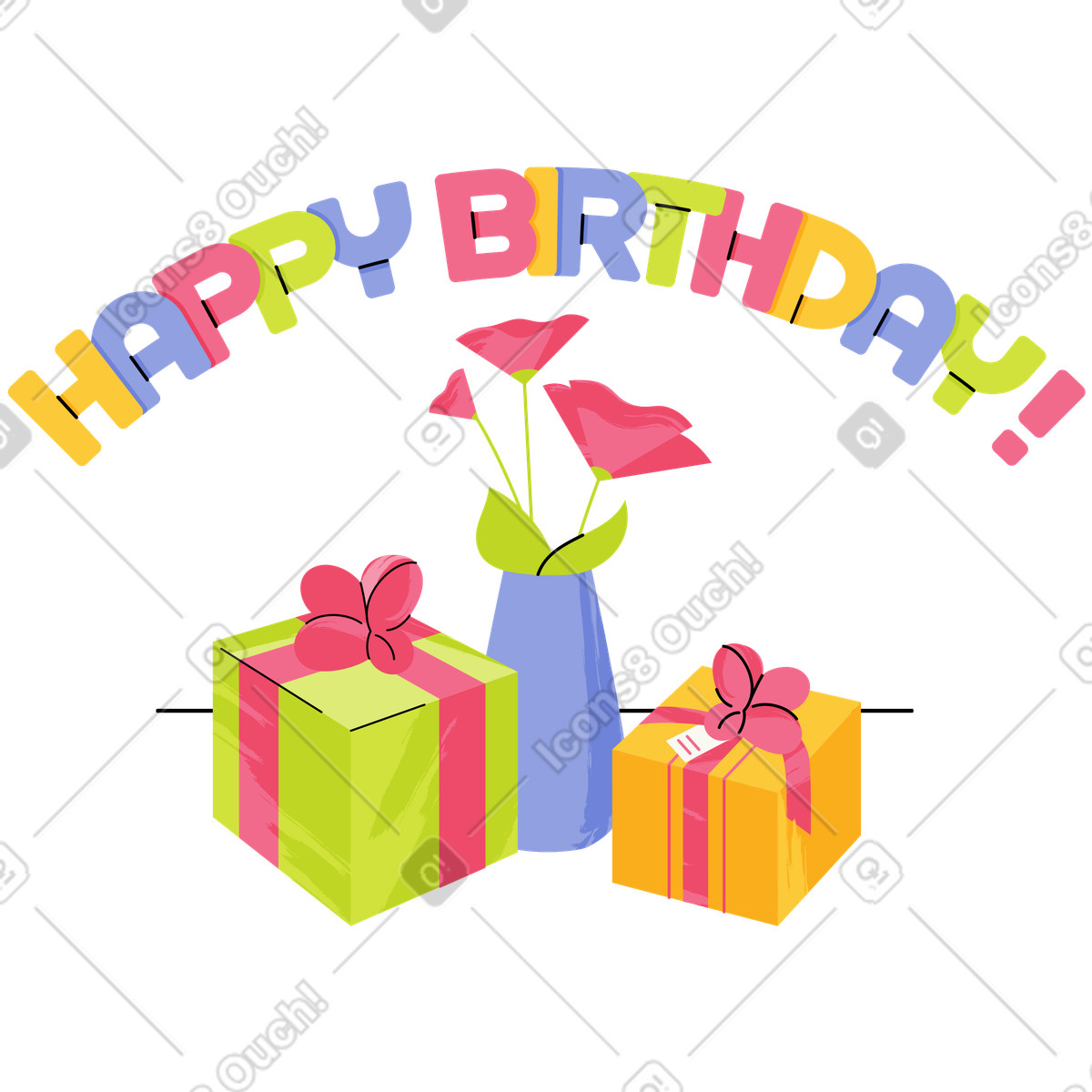 Birthday gifts and flowers, Event invitation card or celebration illustration in Juicy style download in PNG, SVG