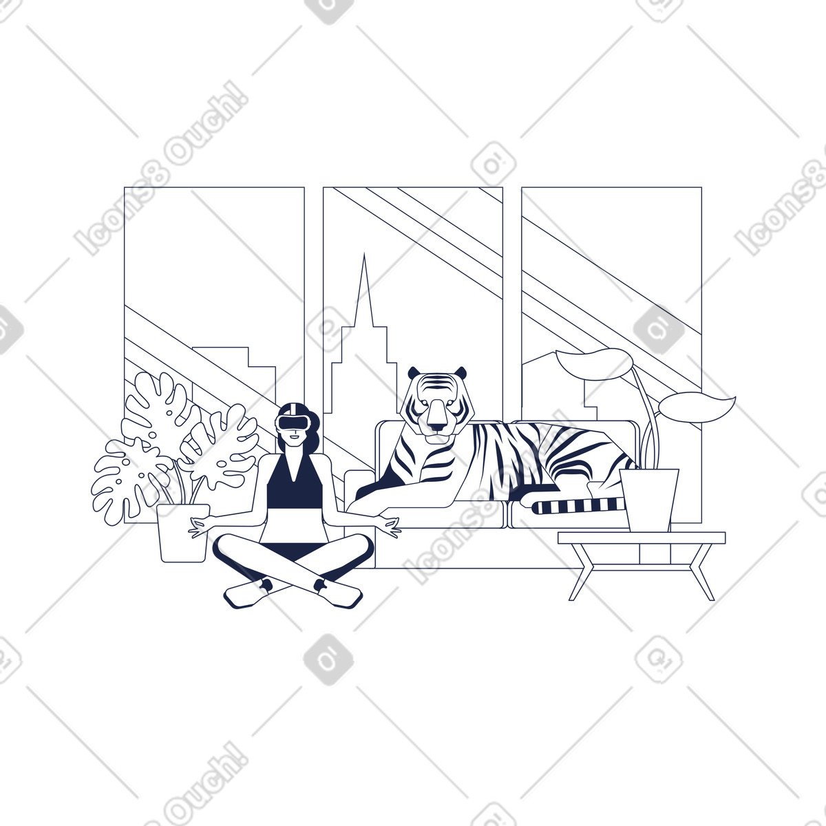 Meditation with VR headset, Immersive calm and stress relief-Illustration im Urban Line-Stil als Download in PNG, SVG