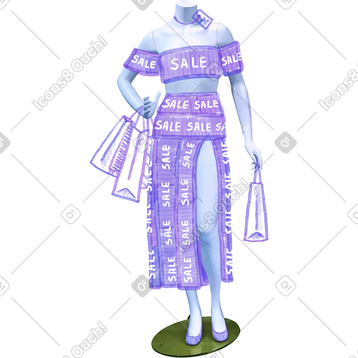 Ilustración Maniquí femenino en traje con bolsos venta estilo Marker a descargar PNG y SVG