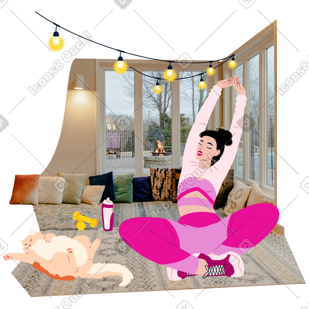 Young woman doing yoga at home illustration in Everyday style download in PNG, SVG