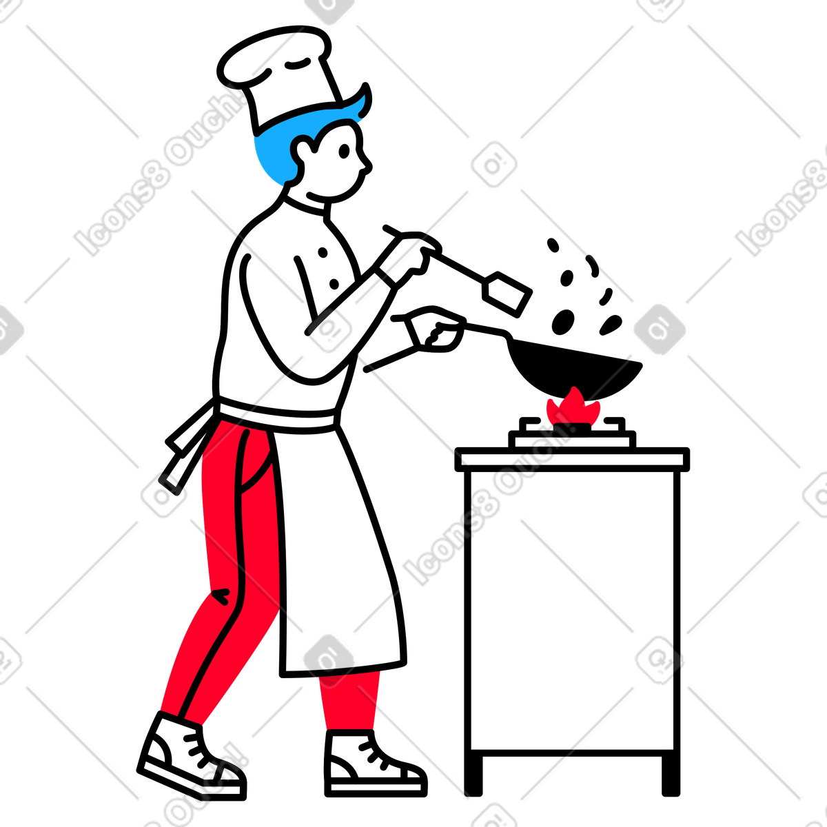 Lo chef cucina saltato in padella un wok sul fuoco illustrazione stile Transistor scarica PNG, SVG