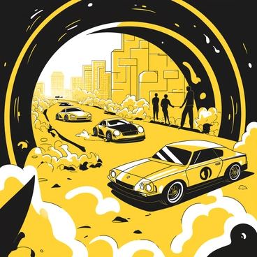 A dynamic scene depicting a street race inside an abandoned metro tunnel. Several cars, featuring sleek designs and aggressive postures, race side by side down the dark, narrow tunnel. Bright headlights illuminate the surroundings, creating a stark contrast against the shadows of the tunnel walls. The ground is littered with debris and graffiti, adding to the gritty atmosphere. A few spectators are positioned safely away from the track, their silhouettes visible in the background, emphasizing the excitement of the race. The air is filled with dust and the sound of revving engines, capturing the intensity of the moment.