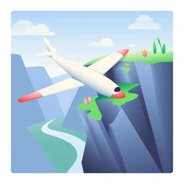 A sleek white glider plane is perched on the edge of a rugged cliff, its wings spread wide as if preparing for flight. The cliff is rocky and steep, with patches of green grass and small wildflowers growing in the crevices. In the background, a bright blue sky is dotted with a few fluffy white clouds, and below, a deep valley stretches out, revealing a winding river glistening in the sunlight. The sunlight casts soft shadows on the plane, highlighting its streamlined shape. The atmosphere is filled with anticipation, as the glider awaits the perfect moment to soar into the sky.